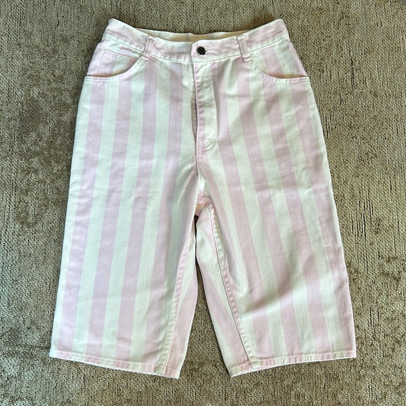 Vintage Pants - Vertical pink and white striped vintage long shorts/capris by No Excuses
